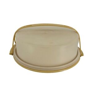 Vtg Tupperware Round Cake/Pie Taker Carrier Harvest Gold Almond w/Handle #719